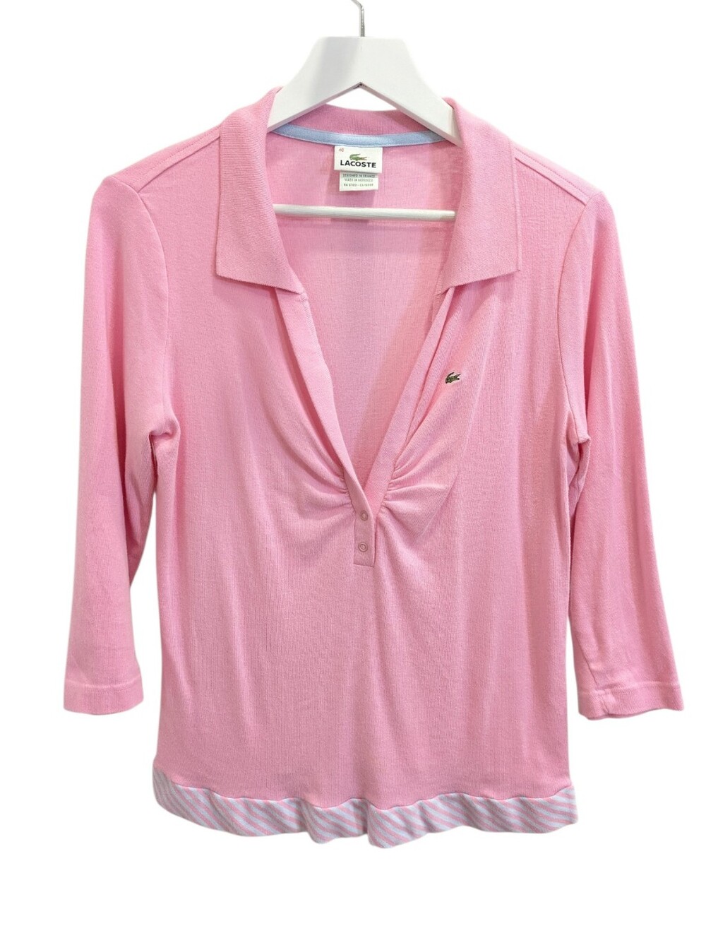 Vintage Lacoste V Neck Top 46 XL White Pink Striped Layered Hem 2000s Y2K Polo